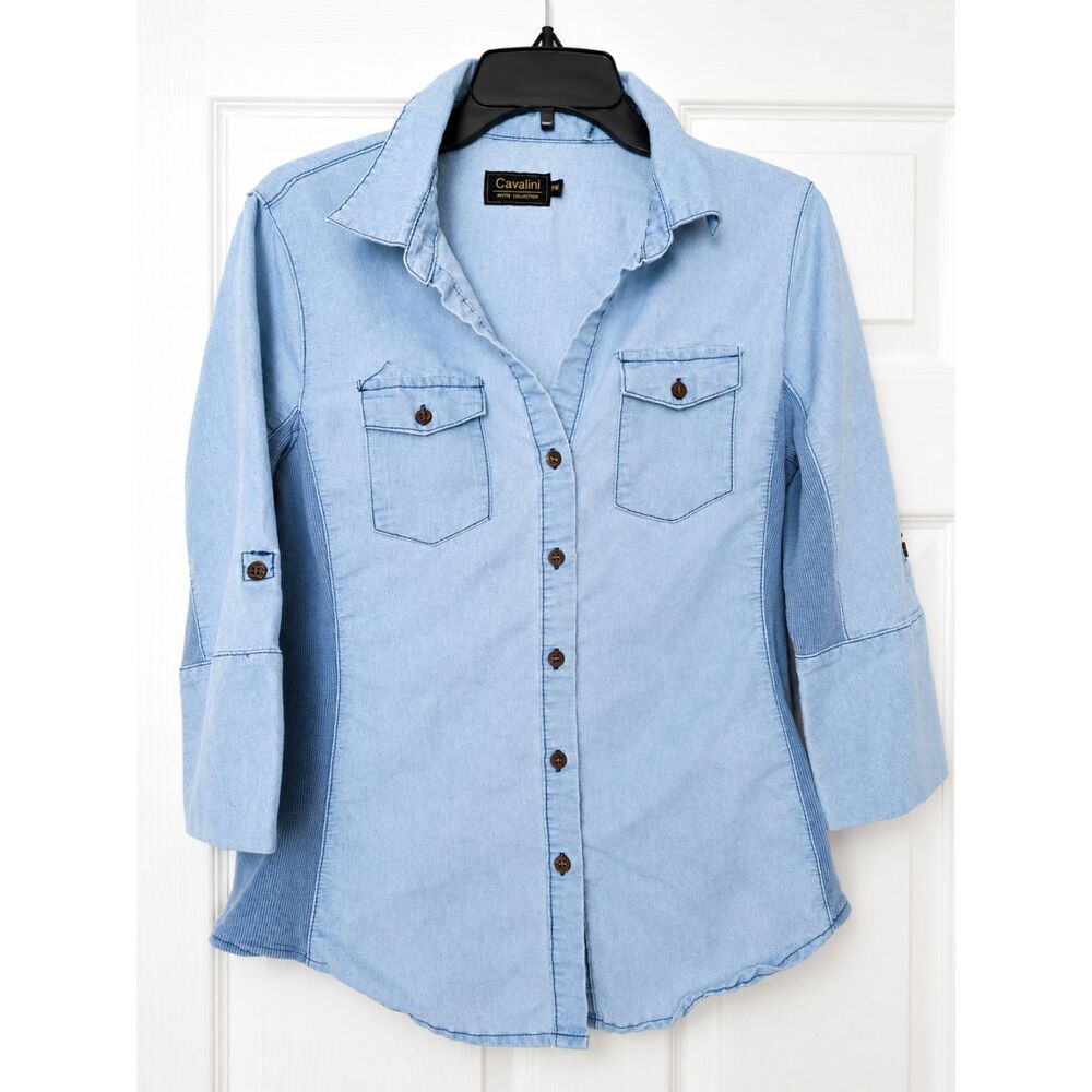 Cavalini Denim Collection Light Wash 3/4 Roll-Tab Sleeve Button-Down Shirt